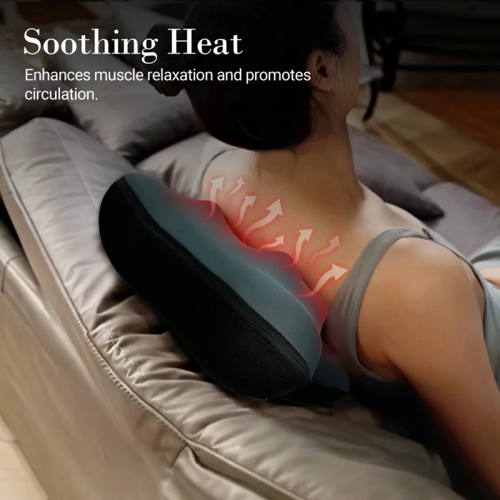 Neck pillow with massage for tension relief; Heated neck massager pillow with soothing warmth; Shiatsu kneading nodes for deep muscle relaxation.