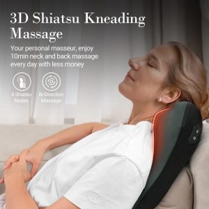 Neck pillow with massage for tension relief; Heated neck massager pillow with soothing warmth; Shiatsu kneading nodes for deep muscle relaxation.