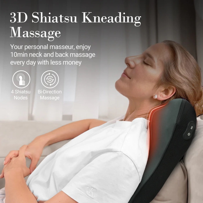 Neck pillow with massage for tension relief; Heated neck massager pillow with soothing warmth; Shiatsu kneading nodes for deep muscle relaxation.