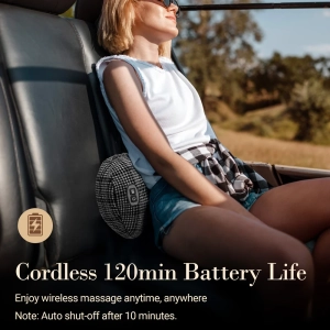 Massage pillow for neck and back relief; Bed massager pillow with soothing vibrations; Portable design for use anywhere.