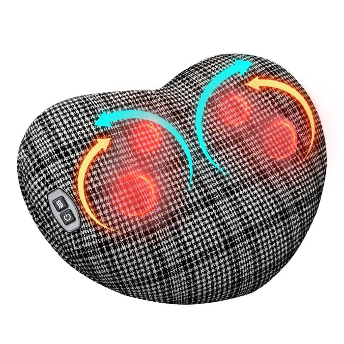 Massage pillow for neck and back relief; Bed massager pillow with soothing vibrations; Portable design for use anywhere.