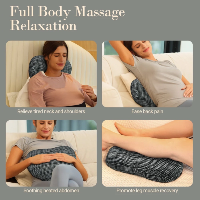 Massage pillow for neck and back relief; Bed massager pillow with soothing vibrations; Portable design for use anywhere.