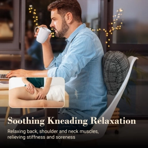 Massage pillow for neck and back relief; Bed massager pillow with soothing vibrations; Portable design for use anywhere.