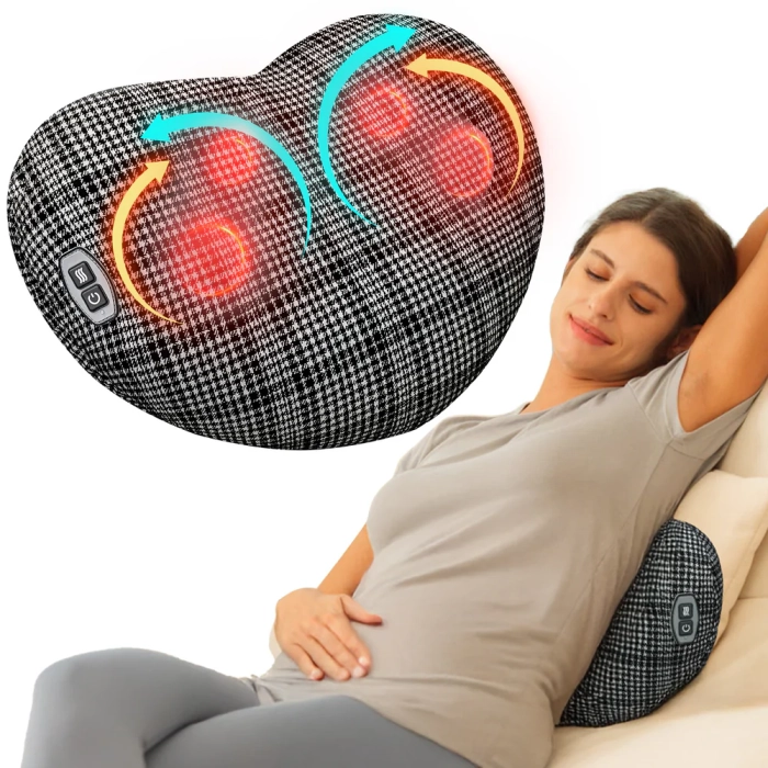 Massage pillow for neck and back relief; Bed massager pillow with soothing vibrations; Portable design for use anywhere.