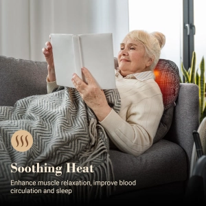 Massage pillow for neck and back relief; Bed massager pillow with soothing vibrations; Portable design for use anywhere.