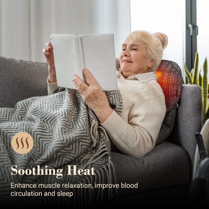 Massage pillow for neck and back relief; Bed massager pillow with soothing vibrations; Portable design for use anywhere.