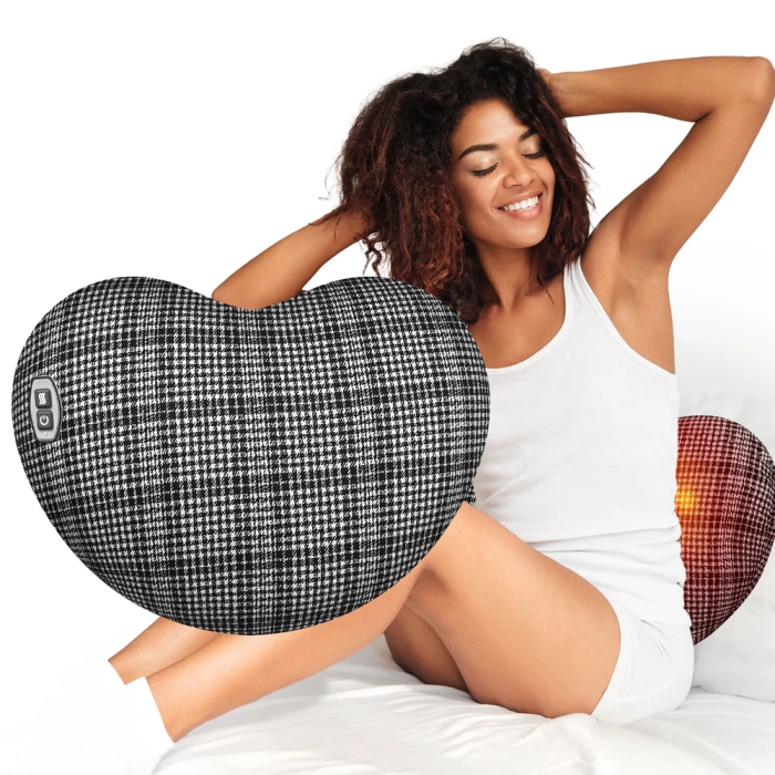 Massage pillow for neck and back relief; Bed massager pillow with soothing vibrations; Portable design for use anywhere.