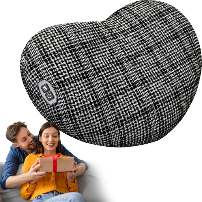 Massage pillow for neck and back relief; Bed massager pillow with soothing vibrations; Portable design for use anywhere.