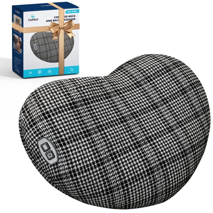 Massage pillow for neck and back relief; Bed massager pillow with soothing vibrations; Portable design for use anywhere.
