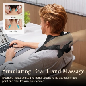Shiatsu neck and shoulder massager with wireless/wired options for cord-free convenience; 4-hands neck massager featuring dual rotating nodes for deep muscle relief; Both include heat therapy and adjustable intensity settings.