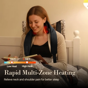Shiatsu neck and shoulder massager with wireless/wired options for cord-free convenience; 4-hands neck massager featuring dual rotating nodes for deep muscle relief; Both include heat therapy and adjustable intensity settings.