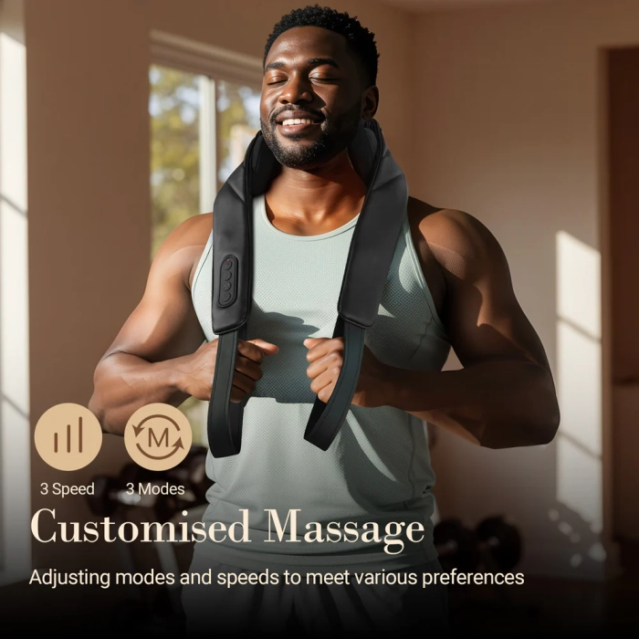 Shiatsu neck and shoulder massager with wireless/wired options for cord-free convenience; 4-hands neck massager featuring dual rotating nodes for deep muscle relief; Both include heat therapy and adjustable intensity settings.
