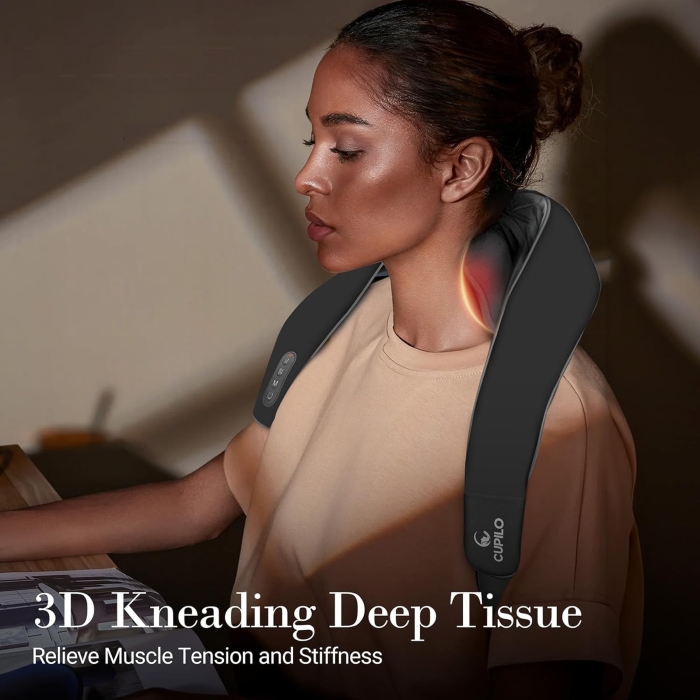 Auto Shiatsu massager with deep-kneading nodes; Wireless or wired Shiatsu neck and shoulder massager; Multi-directional rollers for full muscle relief.