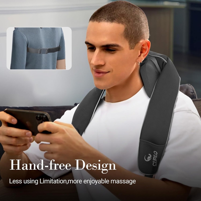 Auto Shiatsu massager with deep-kneading nodes; Wireless or wired Shiatsu neck and shoulder massager; Multi-directional rollers for full muscle relief.