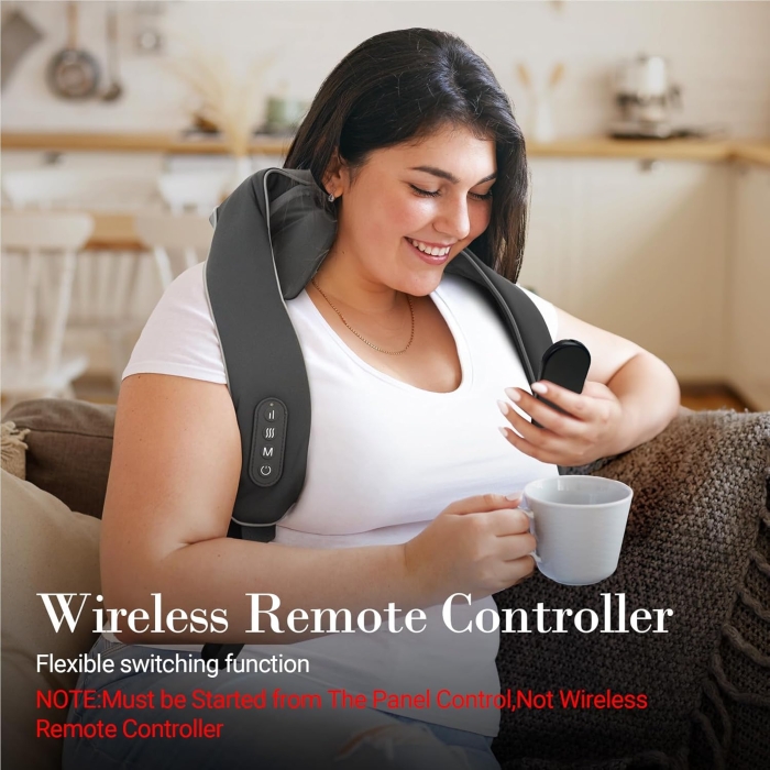 Auto Shiatsu massager with deep-kneading nodes; Wireless or wired Shiatsu neck and shoulder massager; Multi-directional rollers for full muscle relief.