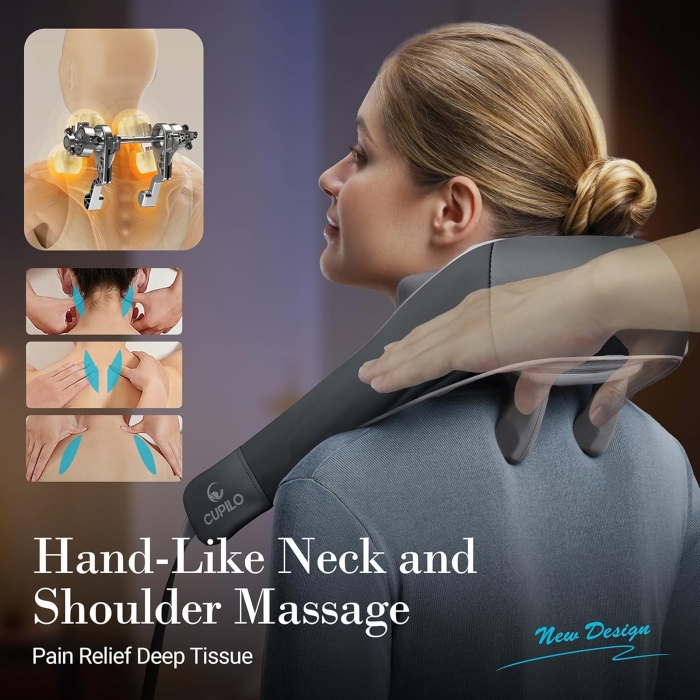 Auto Shiatsu massager with deep-kneading nodes; Wireless or wired Shiatsu neck and shoulder massager; Multi-directional rollers for full muscle relief.