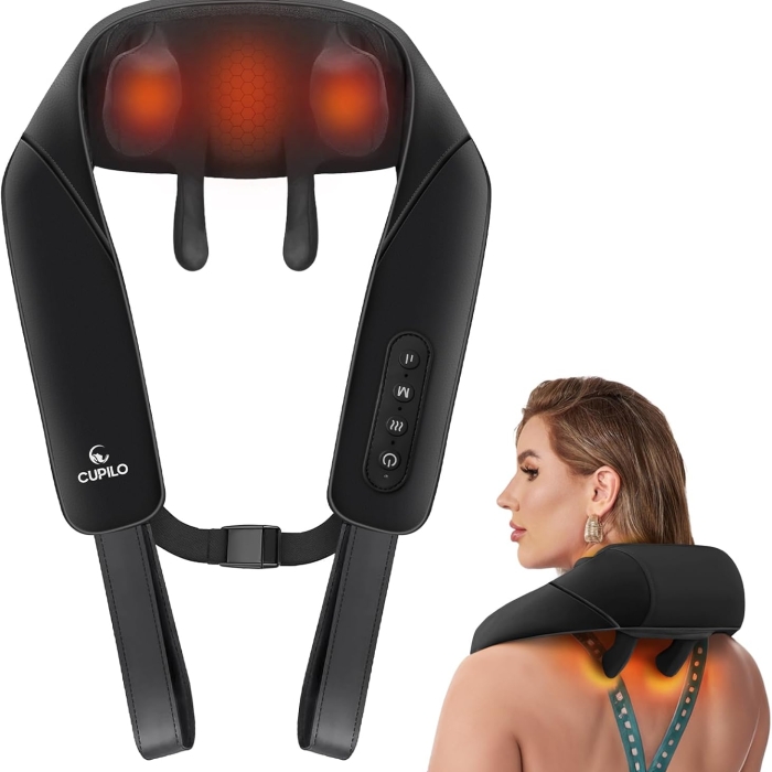 Shiatsu and HoMedics neck and shoulder massagers with deep-kneading nodes, heat therapy, and wireless/wired options for muscle relaxation.