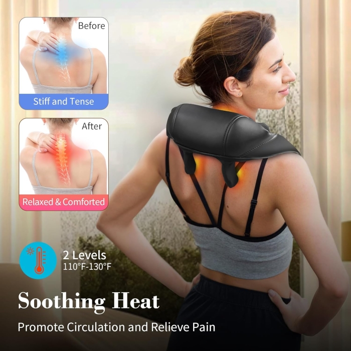 Shiatsu and HoMedics neck and shoulder massagers with deep-kneading nodes, heat therapy, and wireless/wired options for muscle relaxation.
