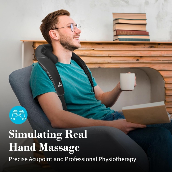 Shiatsu and HoMedics neck and shoulder massagers with deep-kneading nodes, heat therapy, and wireless/wired options for muscle relaxation.