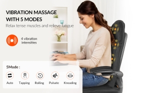 "Massage chair pad with 5 vibration modes and 4 intensity levels for relaxing muscles at home or office."