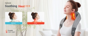 Woman lying on sofa reading book with wearable heating pad on stomach, safe heat pads for back ache and muscle relaxation.